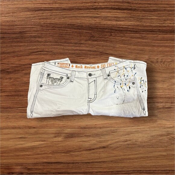 Rock Revival Jean Shorts "Rodd" White Splash Leather Inserts Shorts 40 90’s - Picture 8 of 12